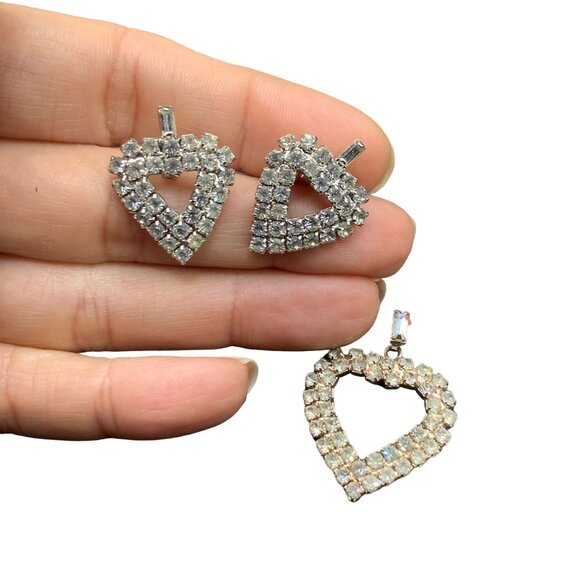 Rhinestones Hearts Earrings & Pendant Set Clear Rhinestones Silver Tone Setting - Picture 1 of 4